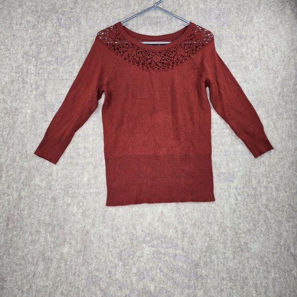 Outback Red Womens Crochet Yoke Sweater Rust Red Medium Acrylic Pullover Knit - Picture 1 of 8